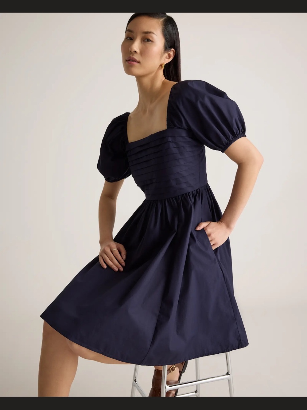 Quince Womens 100% Organic Cotton Ruched Mini Dress Navy XS NWT